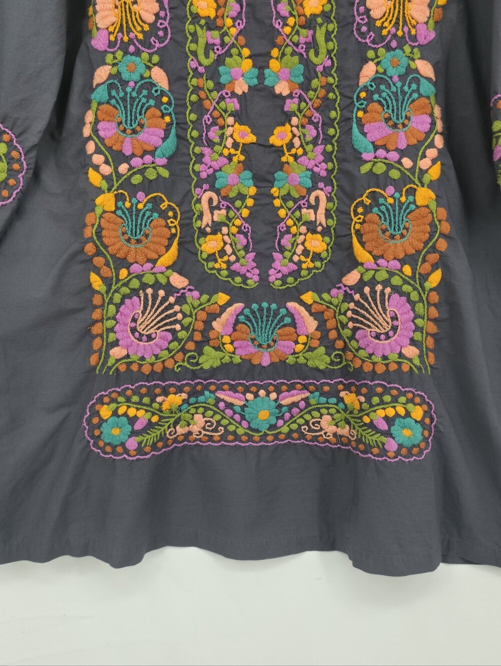 Sister Mary Embroidered Cotton Tunic Dress Large Gray Boho Folk Floral Artisan - Picture 10 of 16